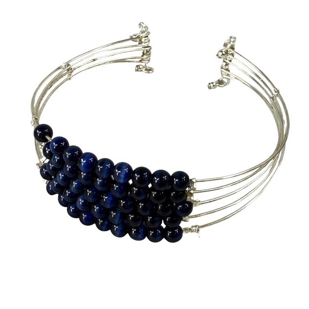 Blue Cats Eye Beaded Silver Tone Wire Adjustable Cuff Bracelet Jewelry Women's